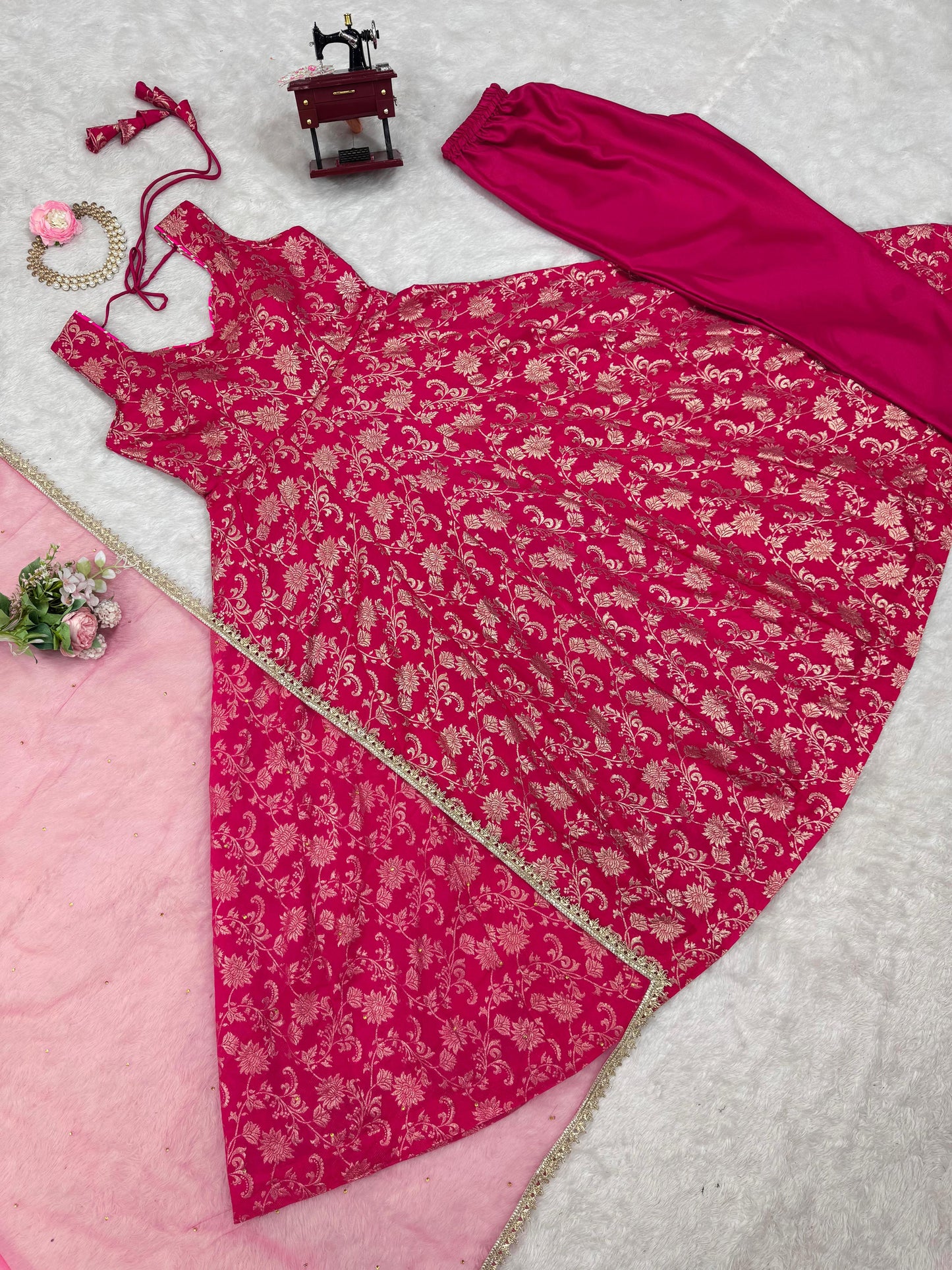 Pink Jacquard Silk Ready to Wear Gown For Girls