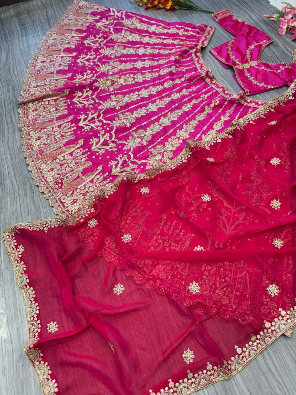 Pink Color Tafeta Silk Embroidered Semi Stitched Lehenga Choli