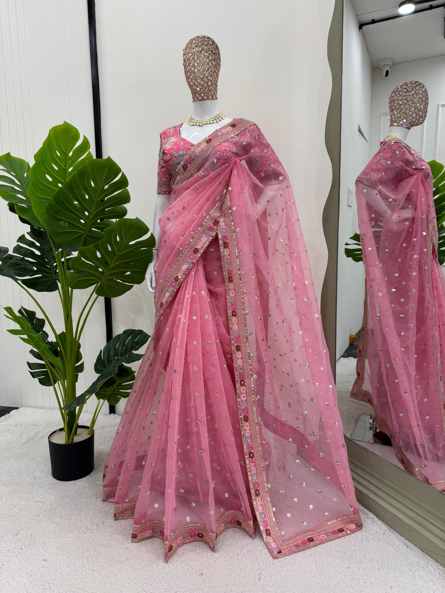Pink Color Organza Designer Saree