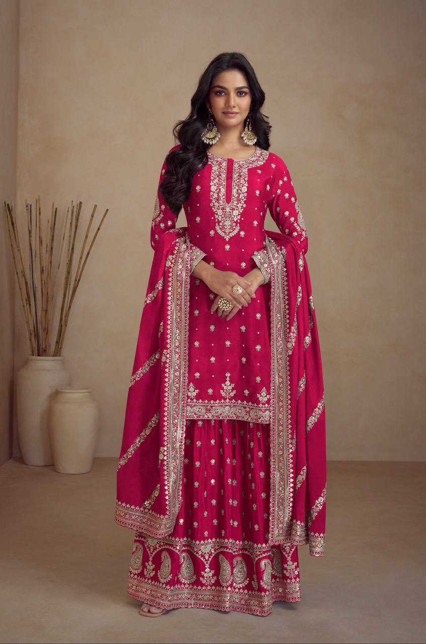 Pink Color Chion Embroidered Work Full Stiched Sharara Suit