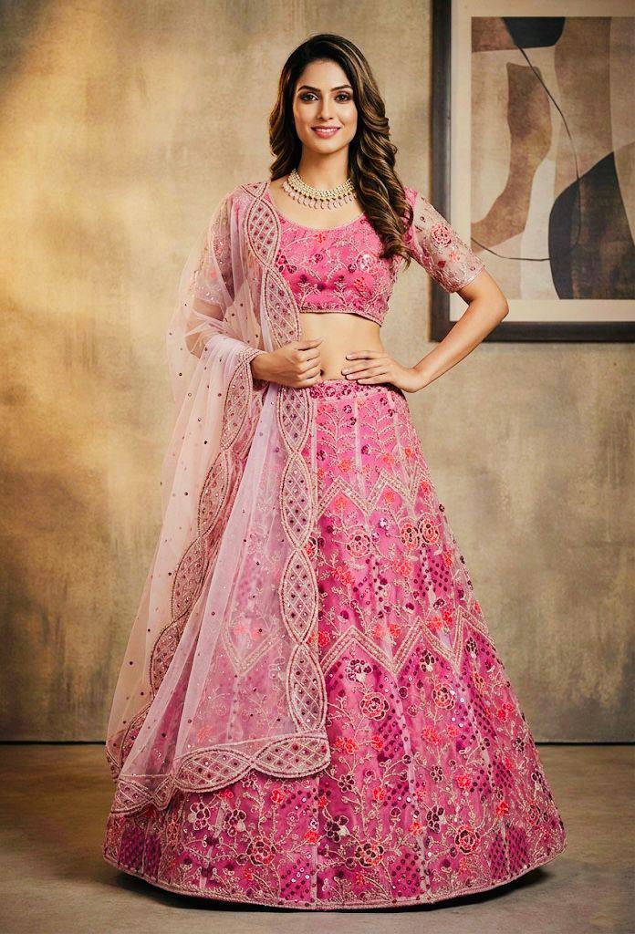 Pink Soft Net Full Flair Semi Stiched Lehenga Choli