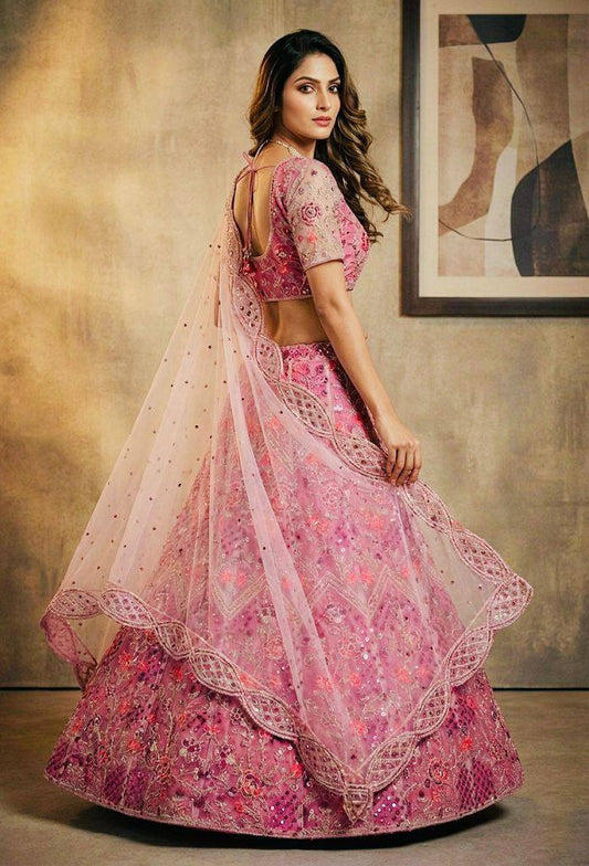 Pink Soft Net Full Flair Semi Stiched Lehenga Choli
