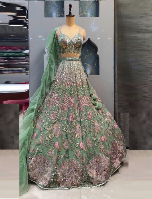 Pista Color Chinon Silk Lehenga Choli With Cancan & Canvas Patta