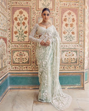 Load image into Gallery viewer, Bollywood Style Pista English Color Net Thread Work Saree
