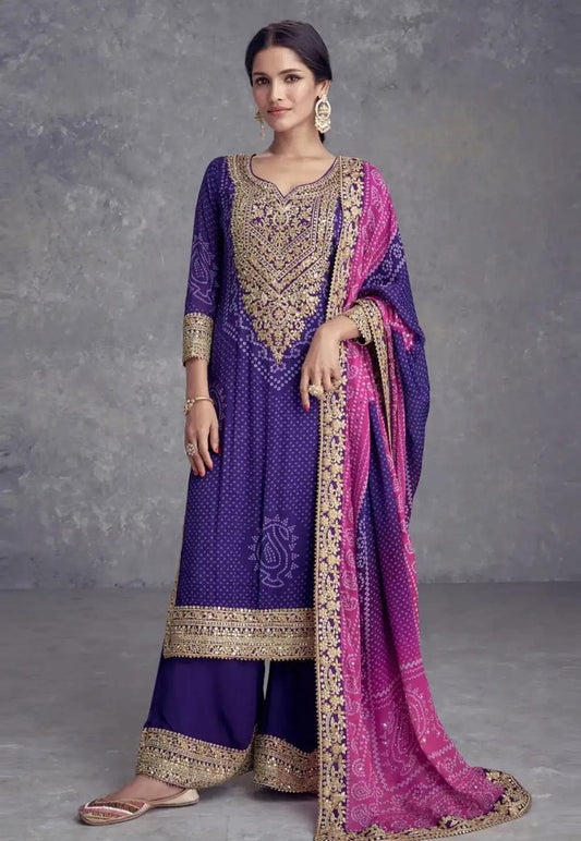 Full Stitched Chinon Silk Embroidered Plazo Suit