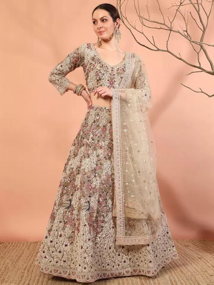 Skin Color Soft Net Heavy Codding Work Wedding Lehenga Choli