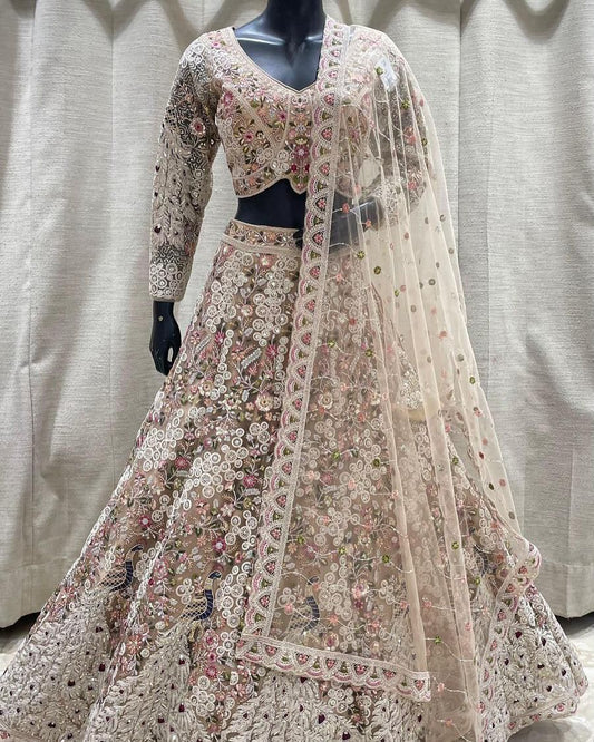 Skin Color Soft Net Heavy Codding Work Wedding Lehenga Choli