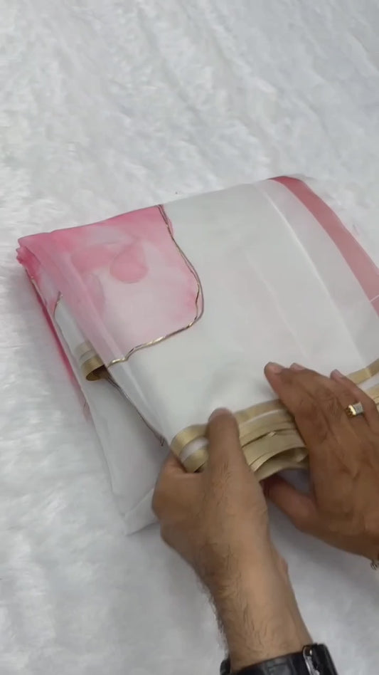 White Color Sof Organza Silk Print n Foil Hand Work Saree Blouse