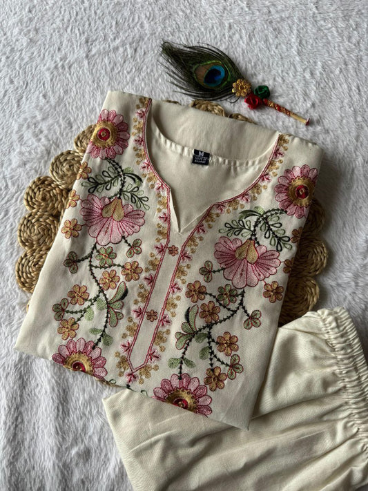 Cotton Thread Embroidered Neck Fully Stiched Kurta Pant Set