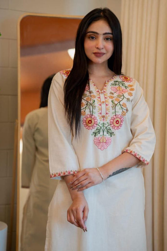 Cotton Thread Embroidered Neck Fully Stiched Kurta Set
