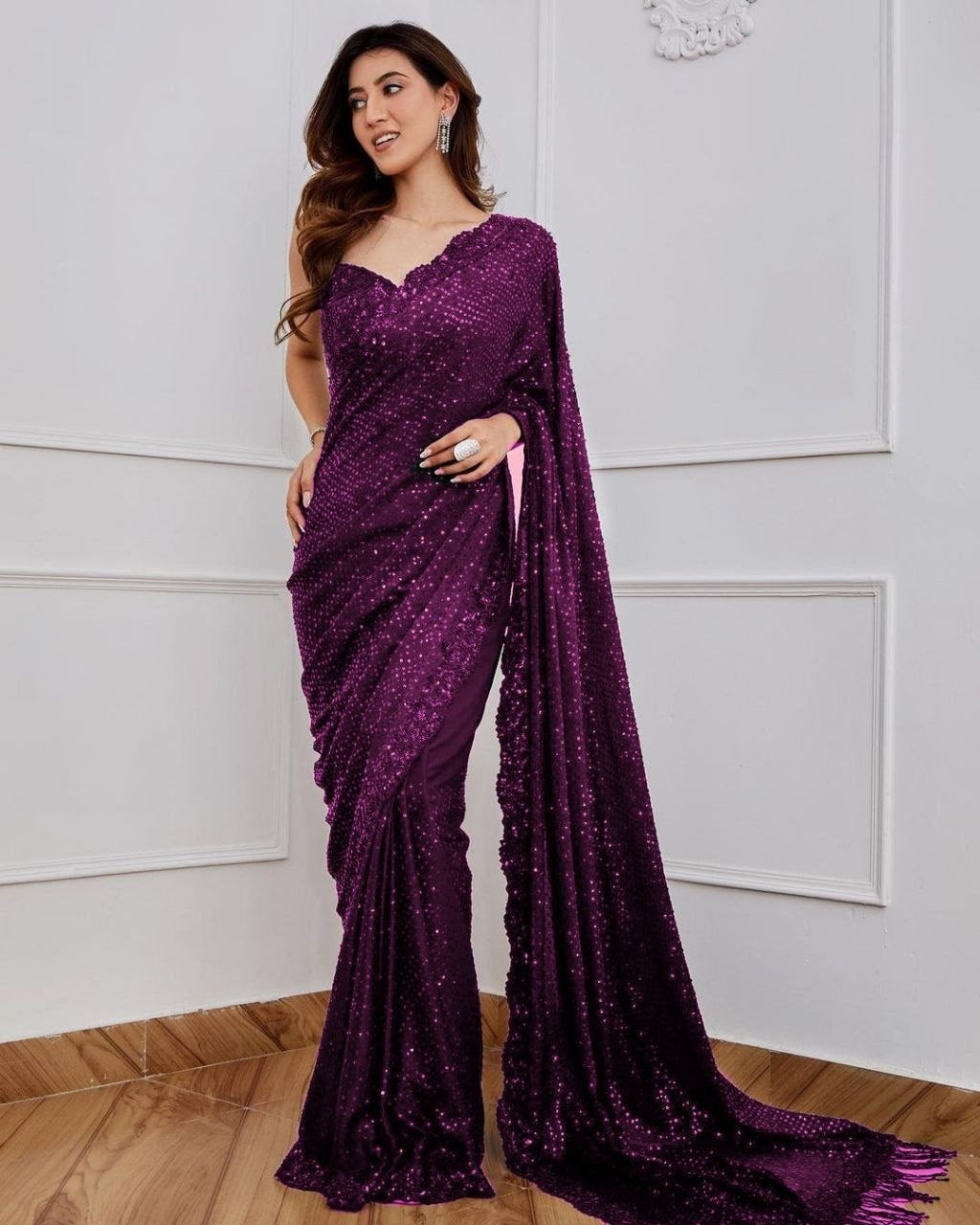 Beautiful Shining Heavy 5 MM Sequence Work Saree Blouse For Women