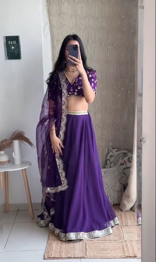 Purple Georgette Semi Stiched Lehenga Choli
