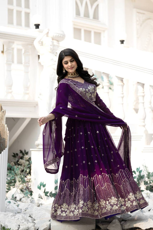 Purple Color Georgette Sequence Lehenga With Stitched Choli