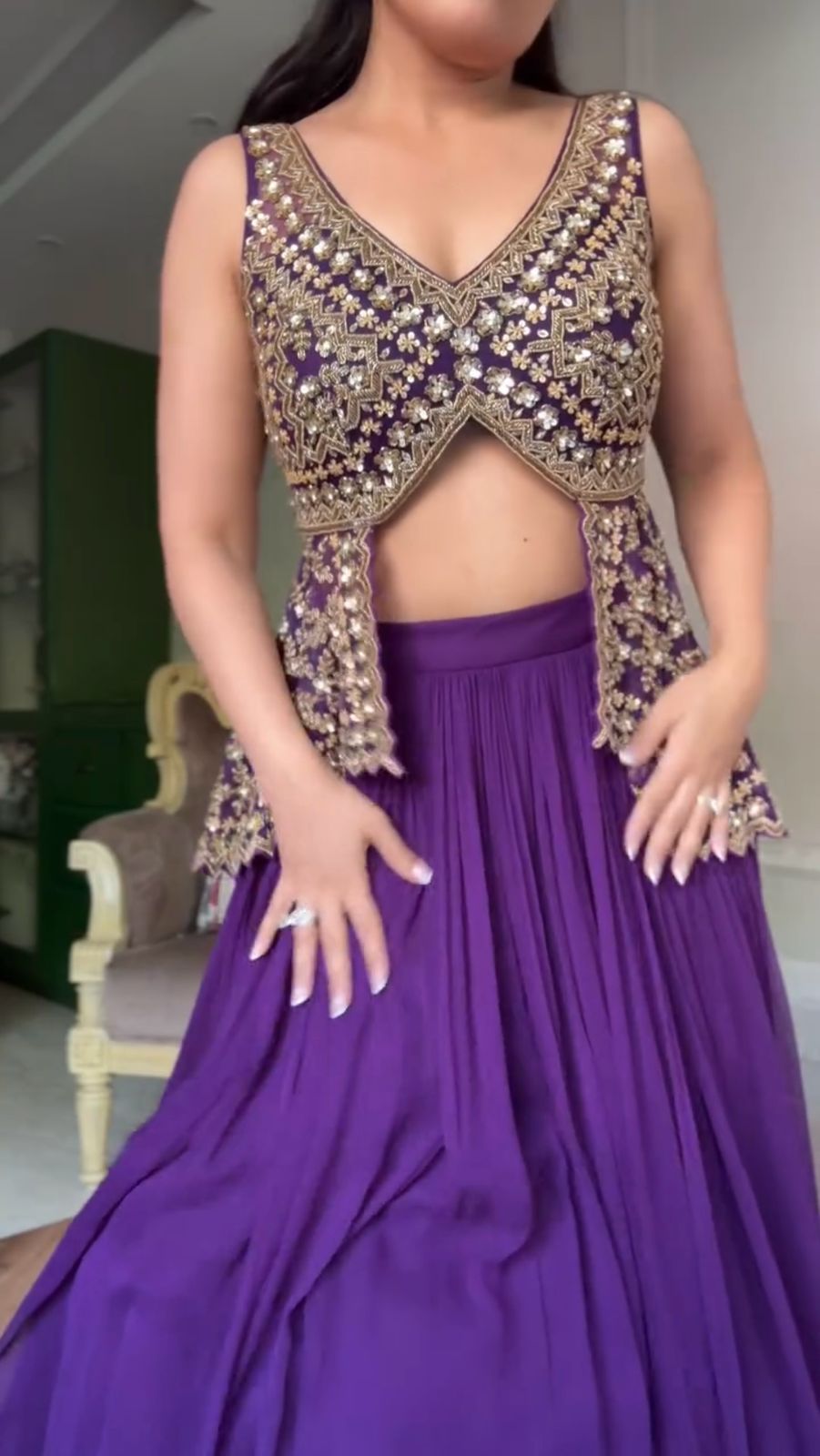 Purple Georgette Stitched Choli with Semi Stiched Lehenga