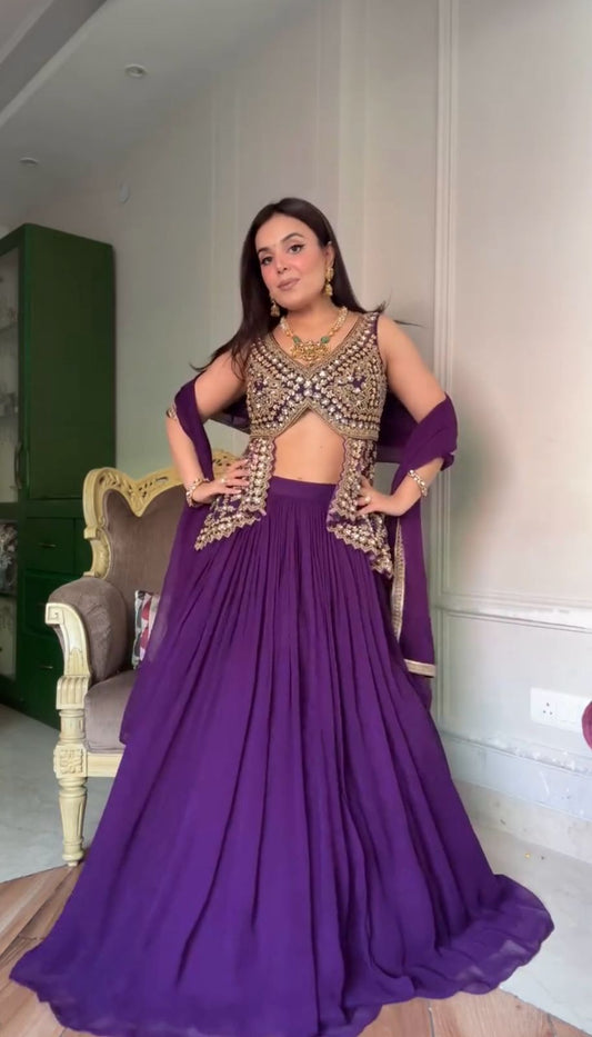 Purple Georgette Stitched Choli with Semi Stiched Lehenga