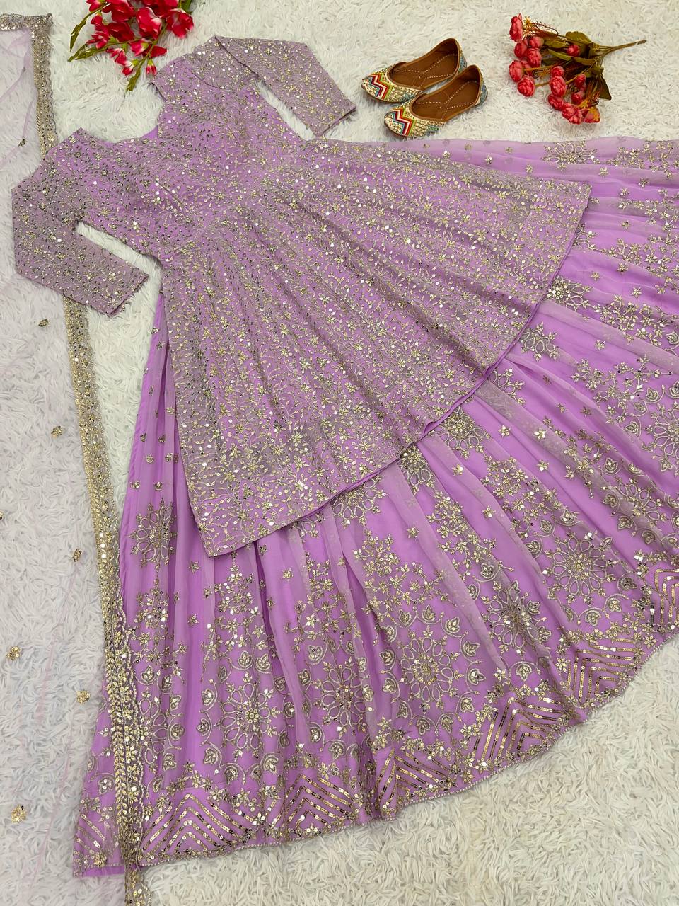 Purple Georgette Jari Embroidered Lehenga With Top