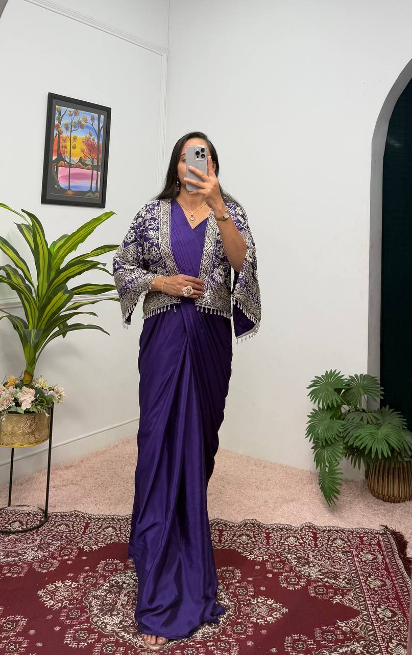 Purple Color Ready to Wear Chion Silk Saree Blouse