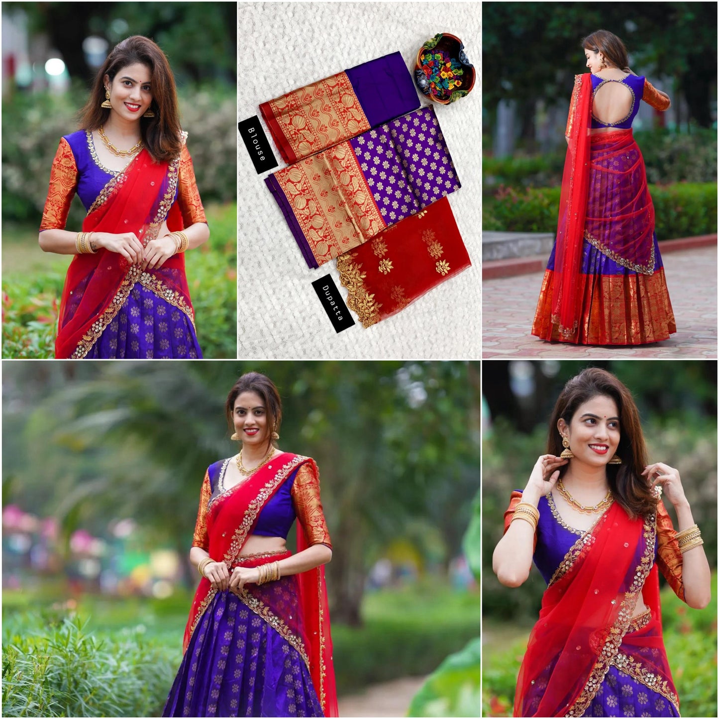 Blue Red Color Kanjivaram Silk Half Saree Lehenga For Girls Wear