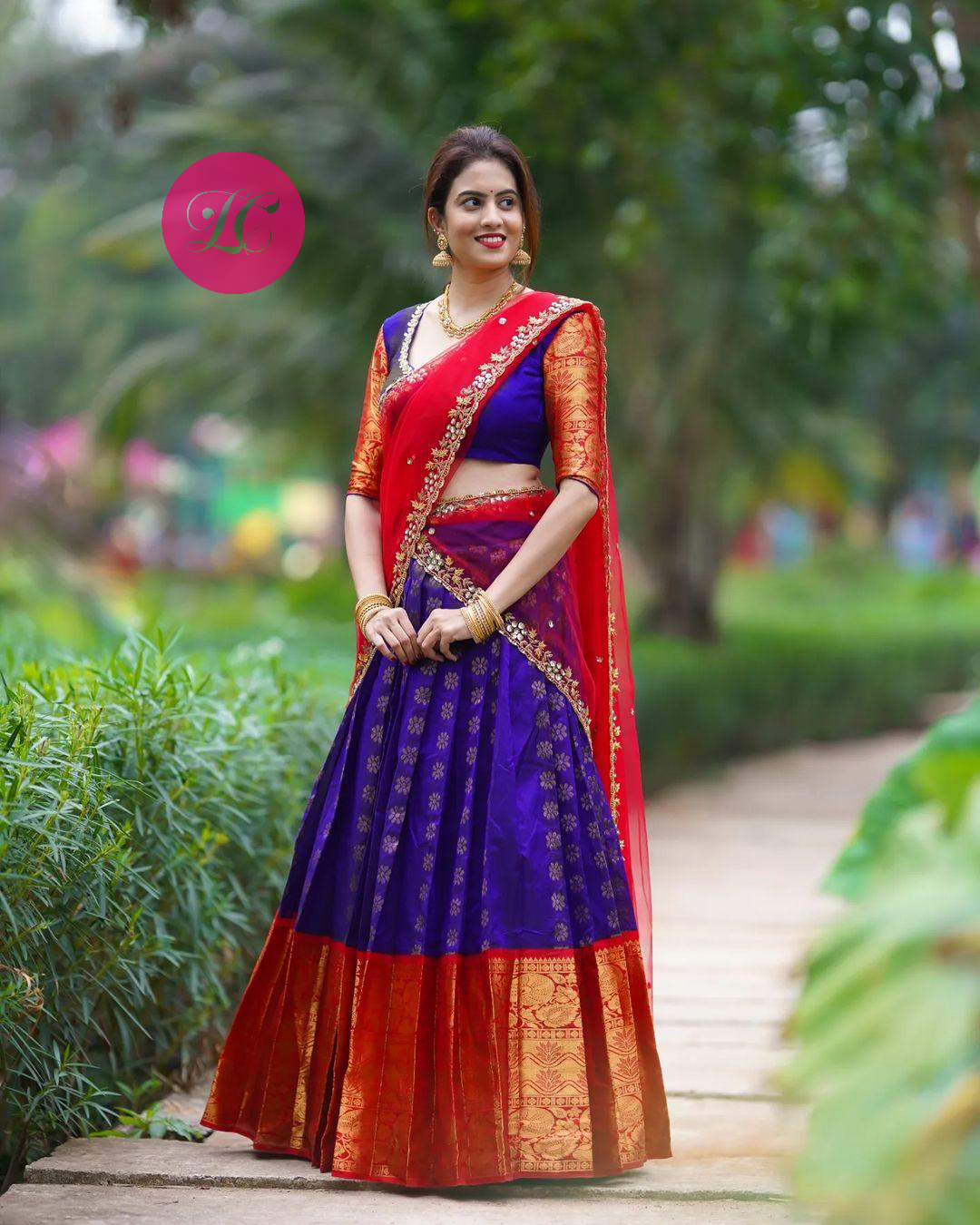 Blue Red Color Kanjivaram Silk Half Saree Lehenga For Girls Wear
