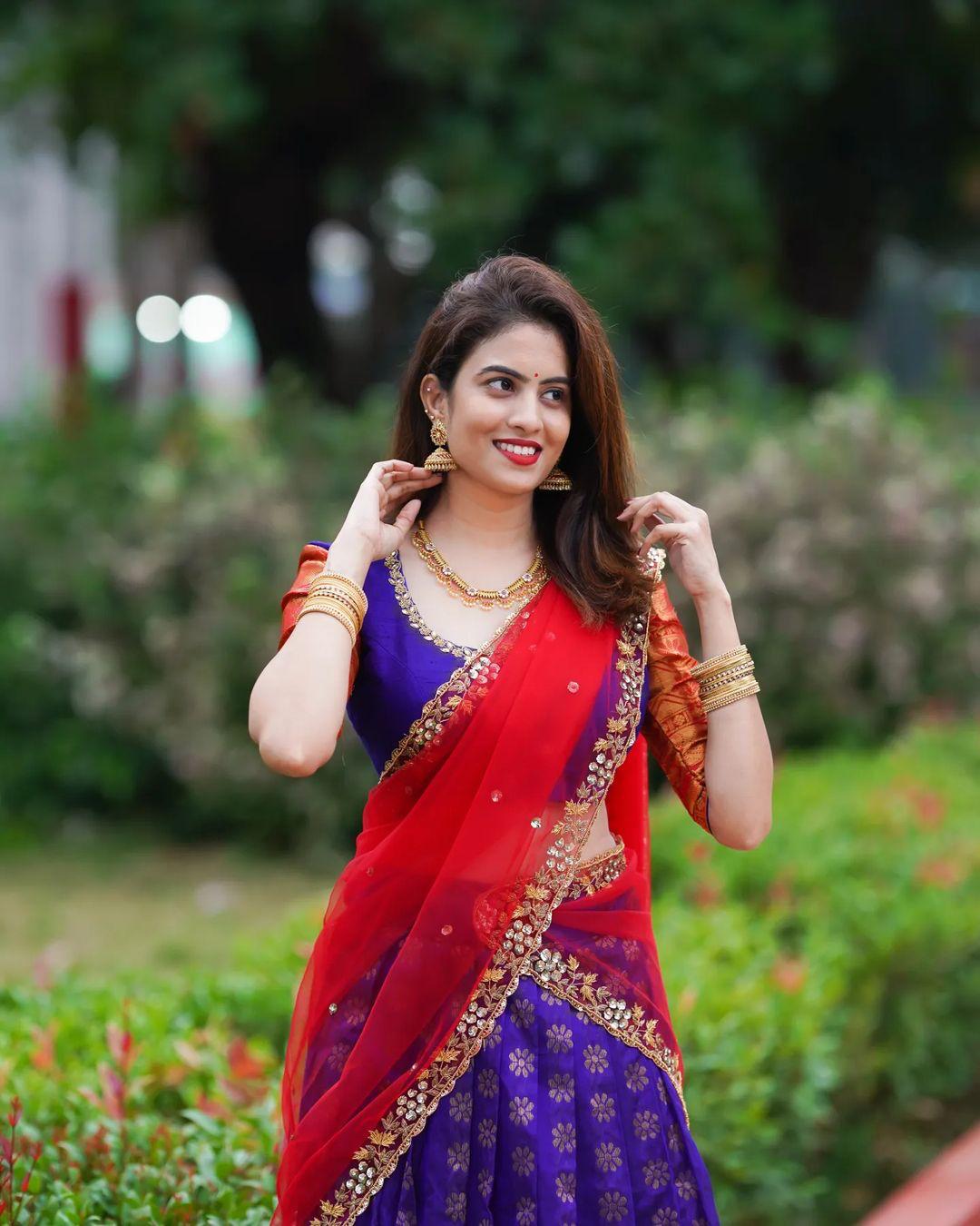 Blue Red Color Kanjivaram Silk Half Saree Lehenga For Girls Wear