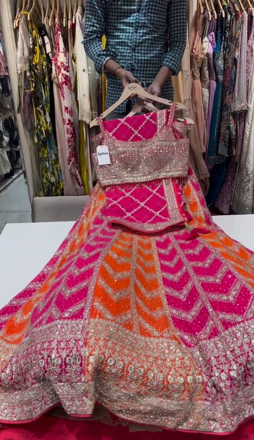 Pink Orange Color Georgette Heavy Embroidered Semi Stitched Lehenga Choli