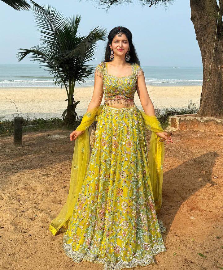 Green Color Soft Net Real Mirror Work Mehndi Wear Lehenga