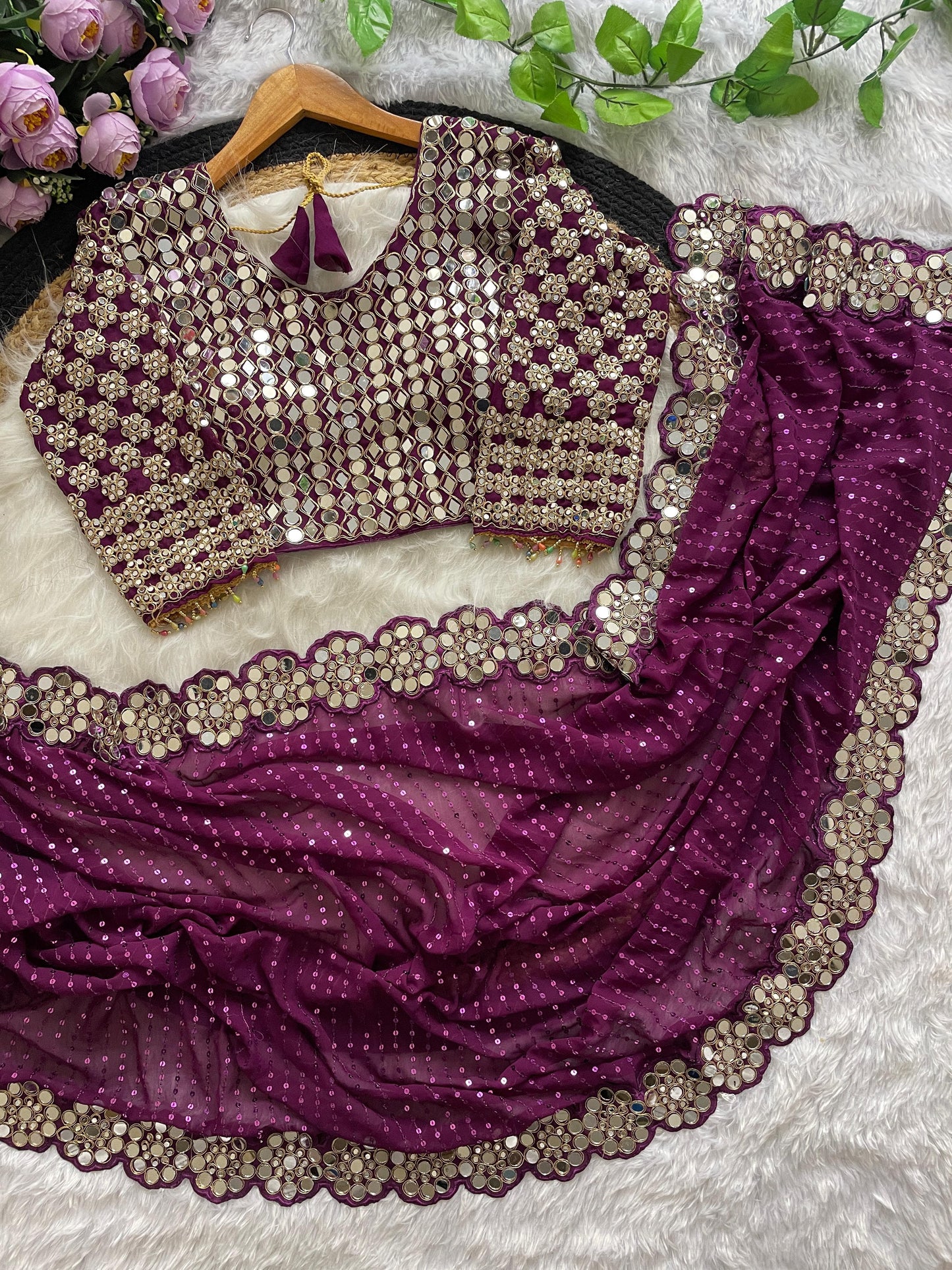 Georgette Embroidary And Real Mirror Worked Designer Wedding Wear Saree With Stiched Blouse