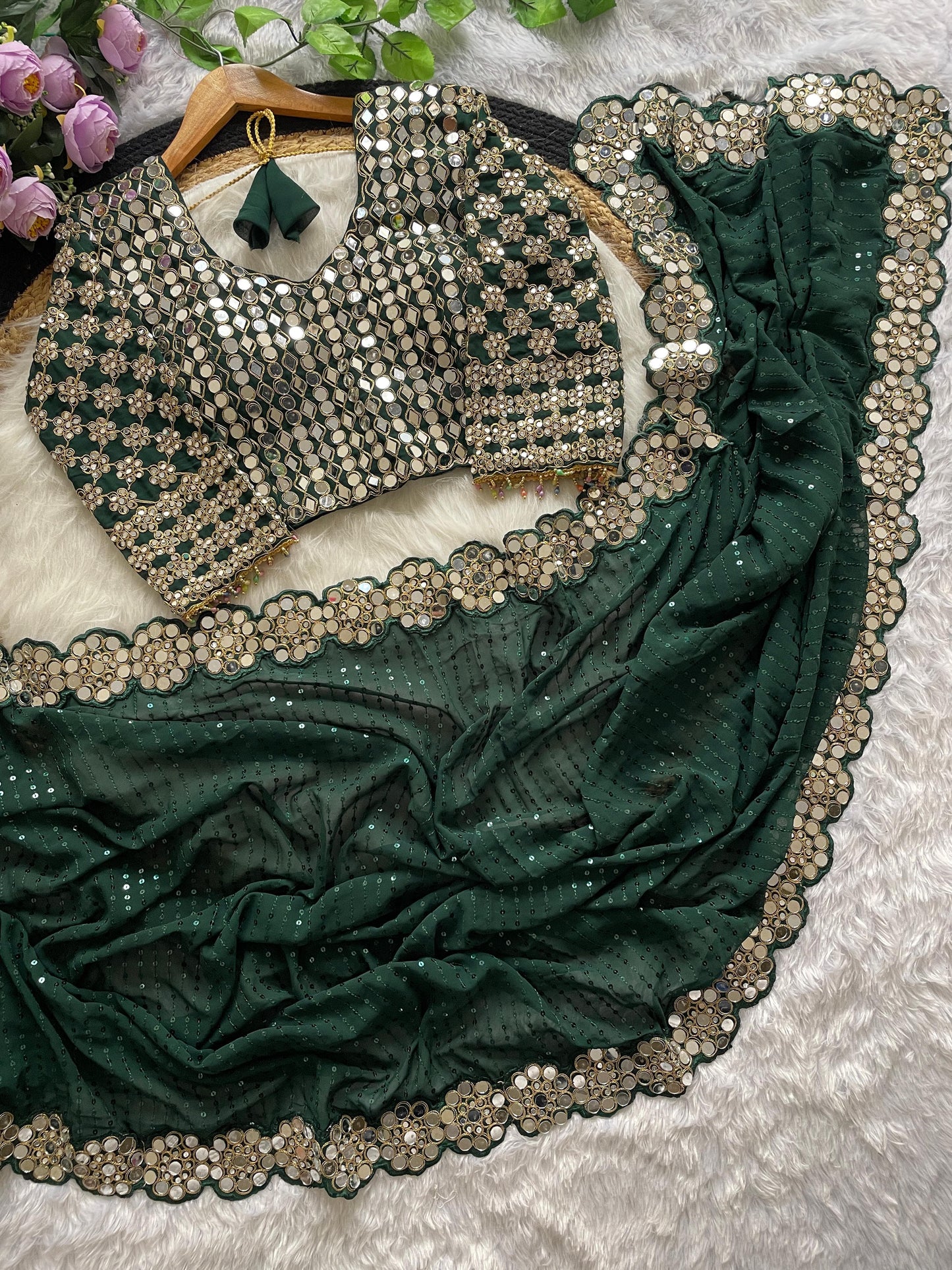Georgette Embroidary And Real Mirror Worked Designer Wedding Wear Saree With Stiched Blouse