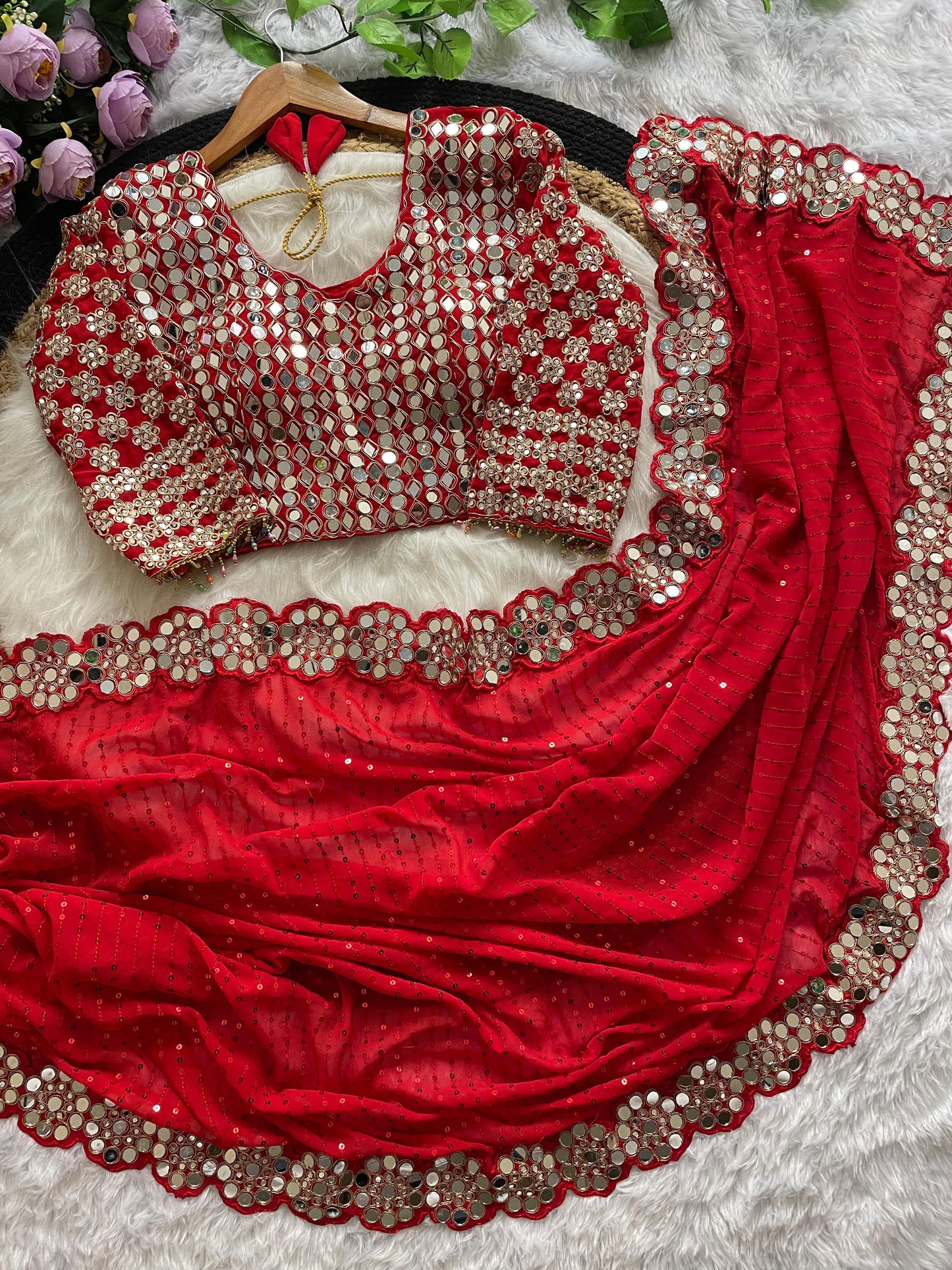 Georgette Embroidary And Real Mirror Worked Designer Wedding Wear Saree With Stiched Blouse