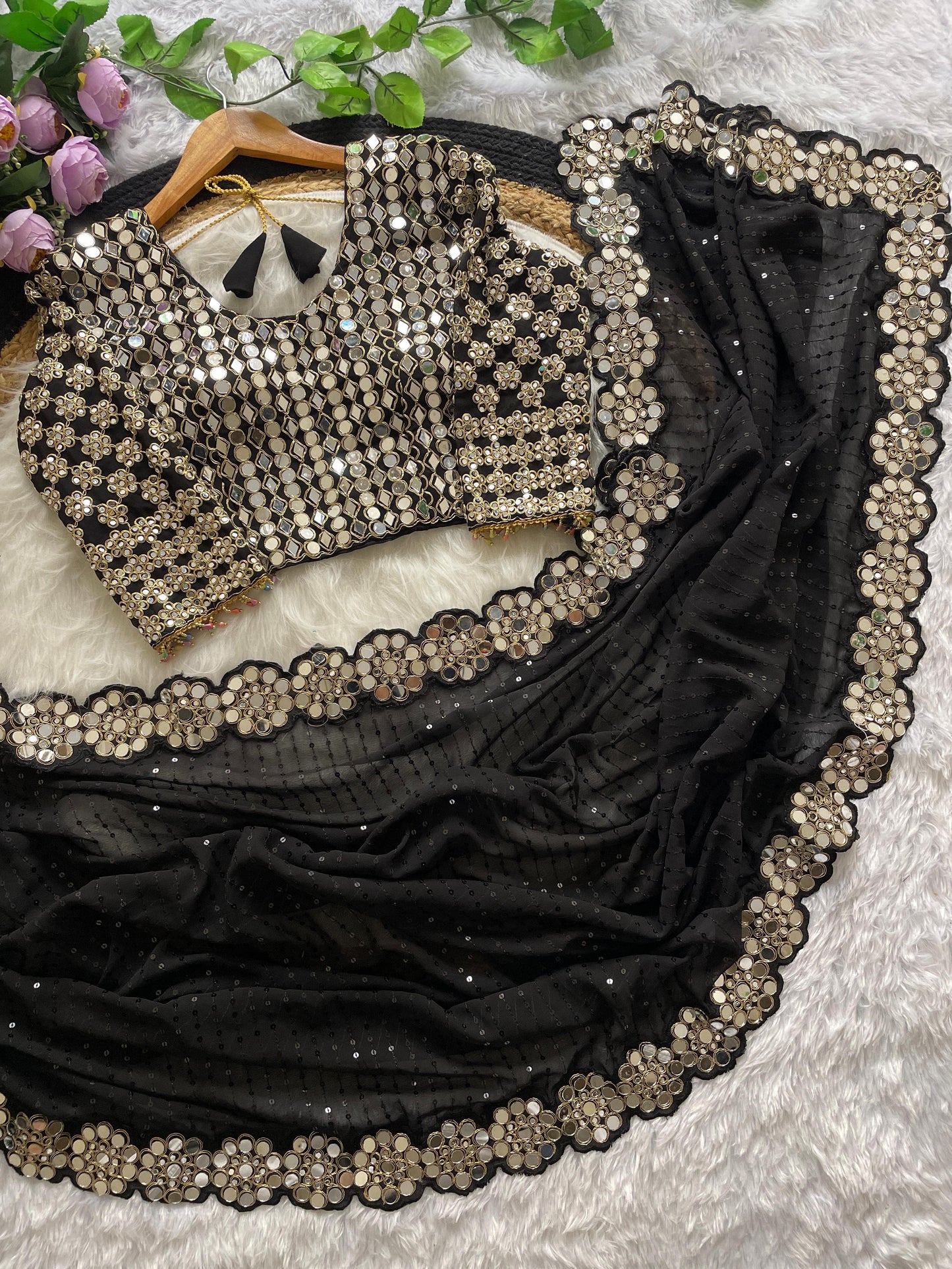 Georgette Embroidary And Real Mirror Worked Designer Wedding Wear Saree With Stiched Blouse
