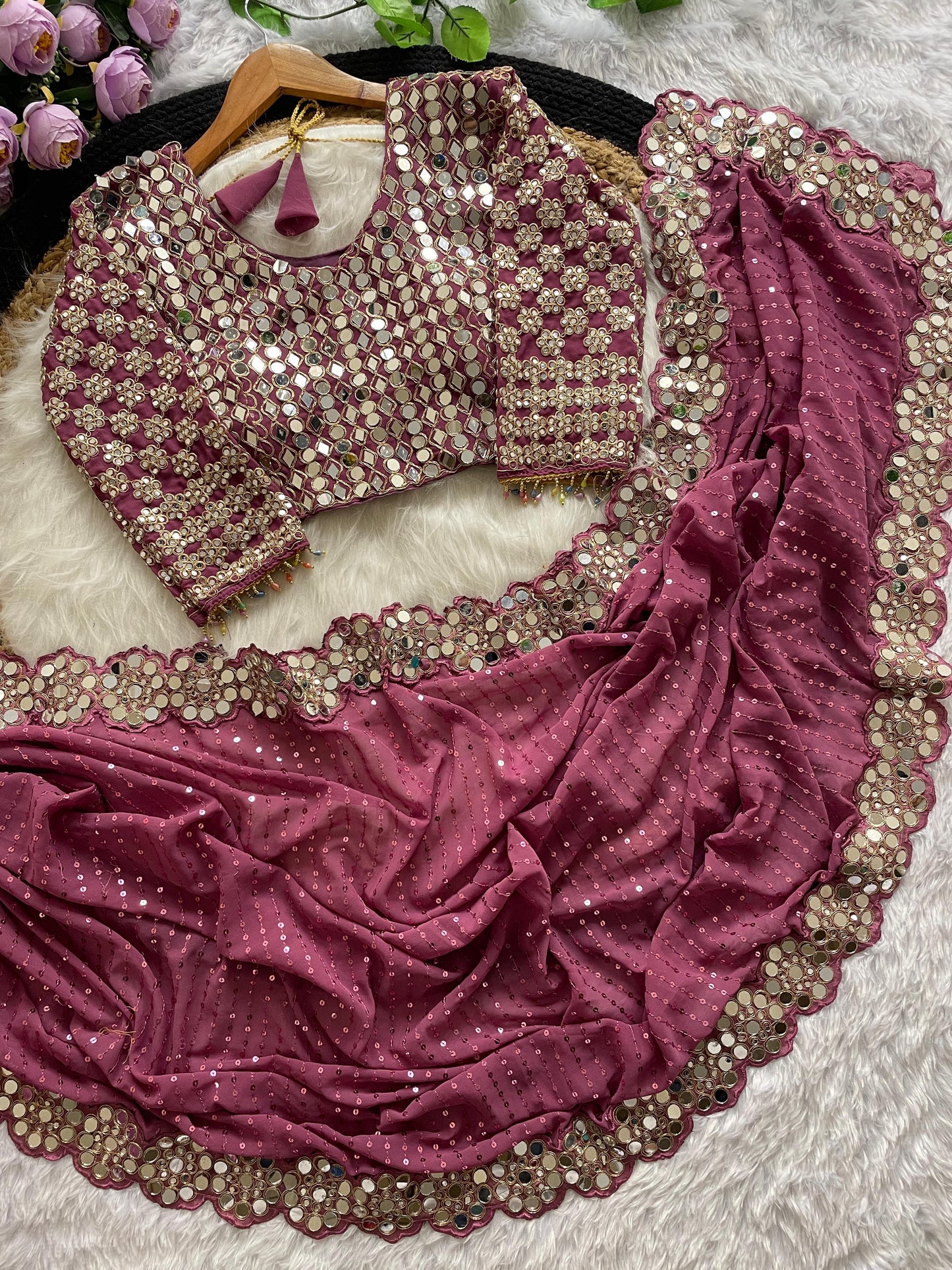 Georgette Embroidary And Real Mirror Worked Designer Wedding Wear Saree With Stiched Blouse