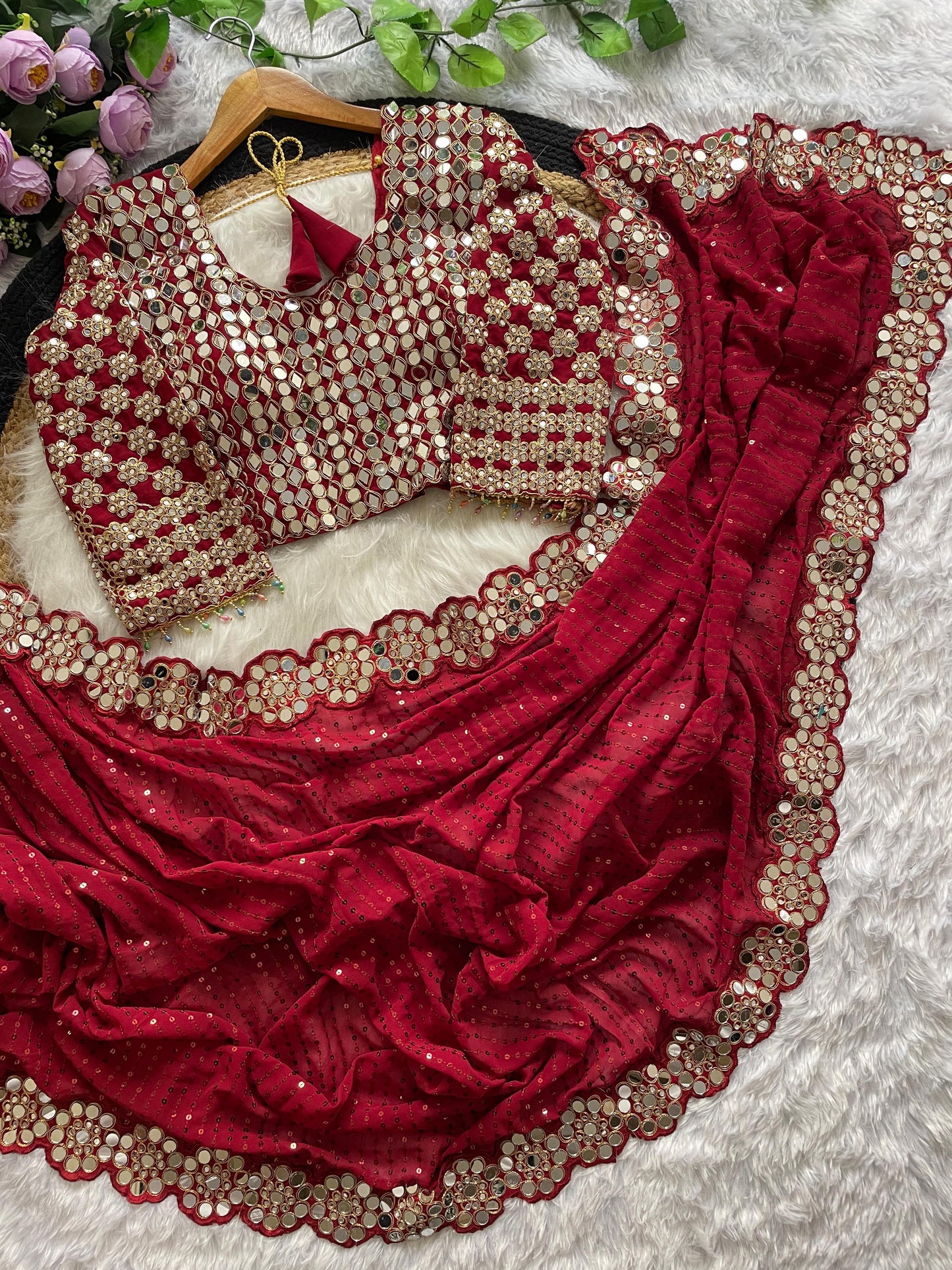 Georgette Embroidary And Real Mirror Worked Designer Wedding Wear Saree With Stiched Blouse