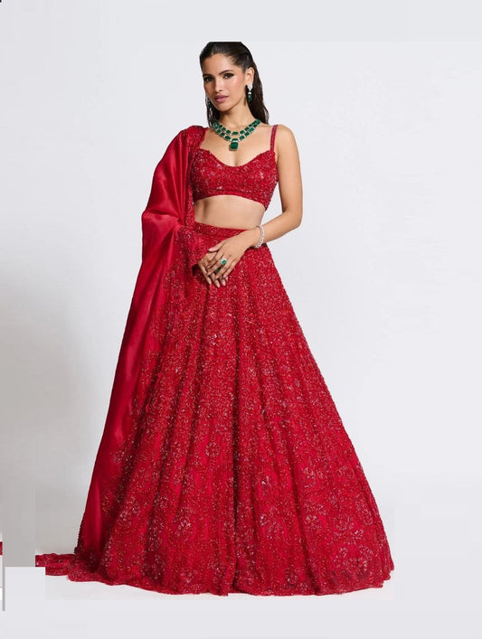 Red Colour Vichitra Silk Embroidery Sequence Design Work Lehenga Choli