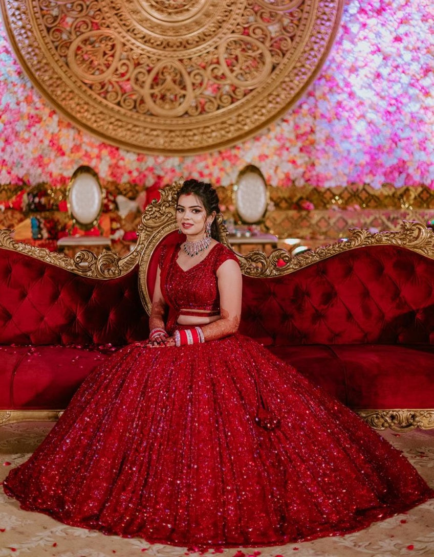 Red Colour Vichitra Silk Embroidered Sequence Design Work Lehenga Choli