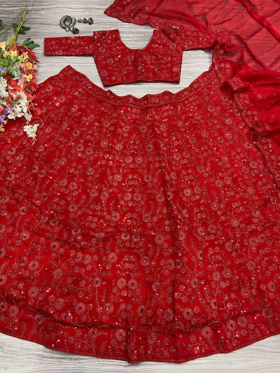 Red Colour Vichitra Silk Embroidered Sequence Design Work Lehenga Choli