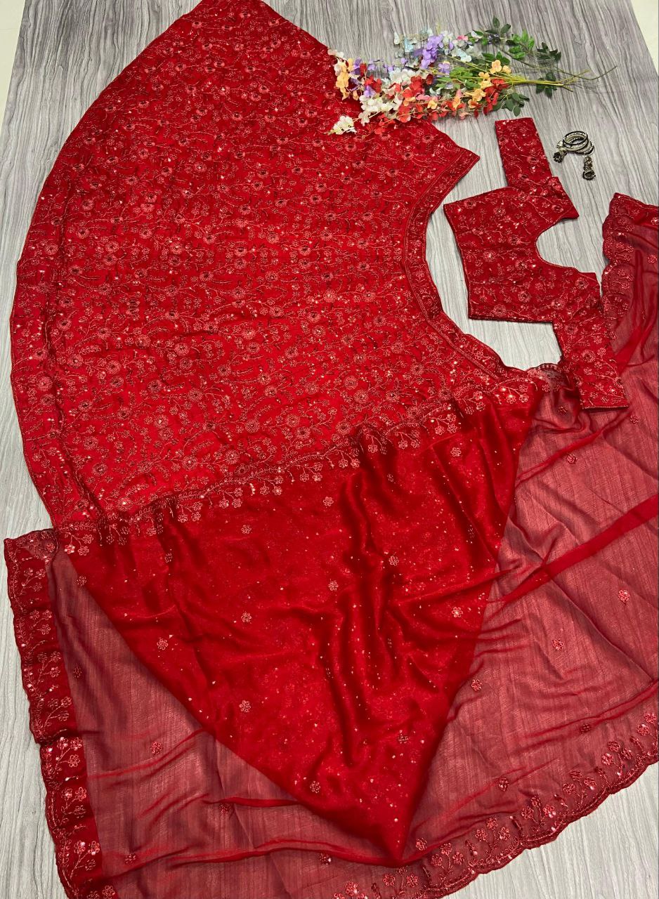 Red Colour Vichitra Silk Embroidered Sequence Design Work Lehenga Choli