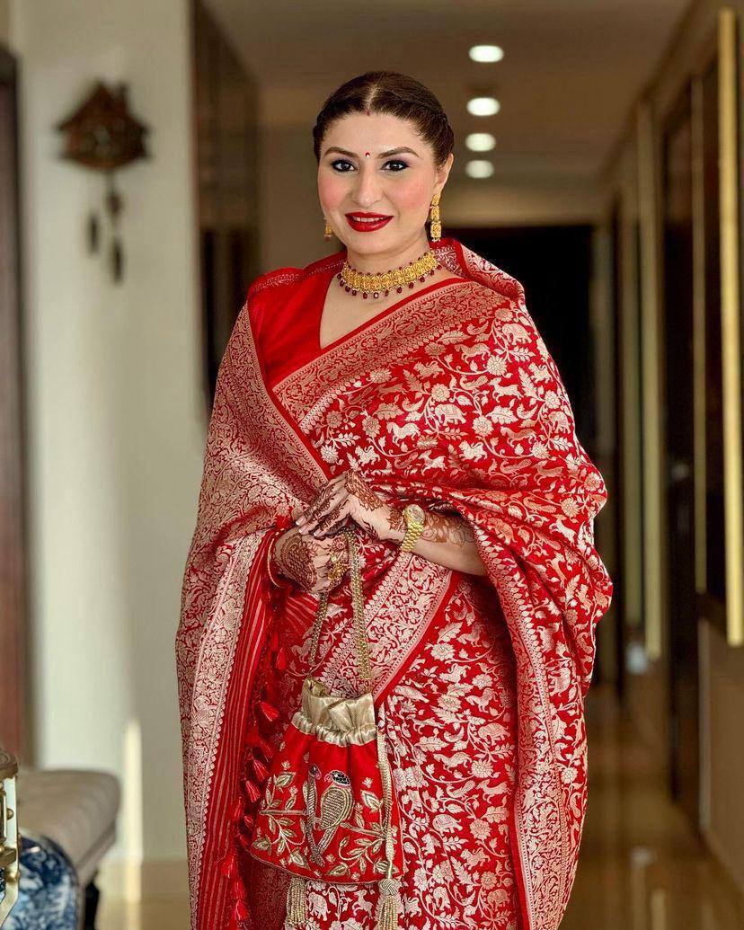 Red Soft Lichi Silk Jacquard Weaving Designer Saree