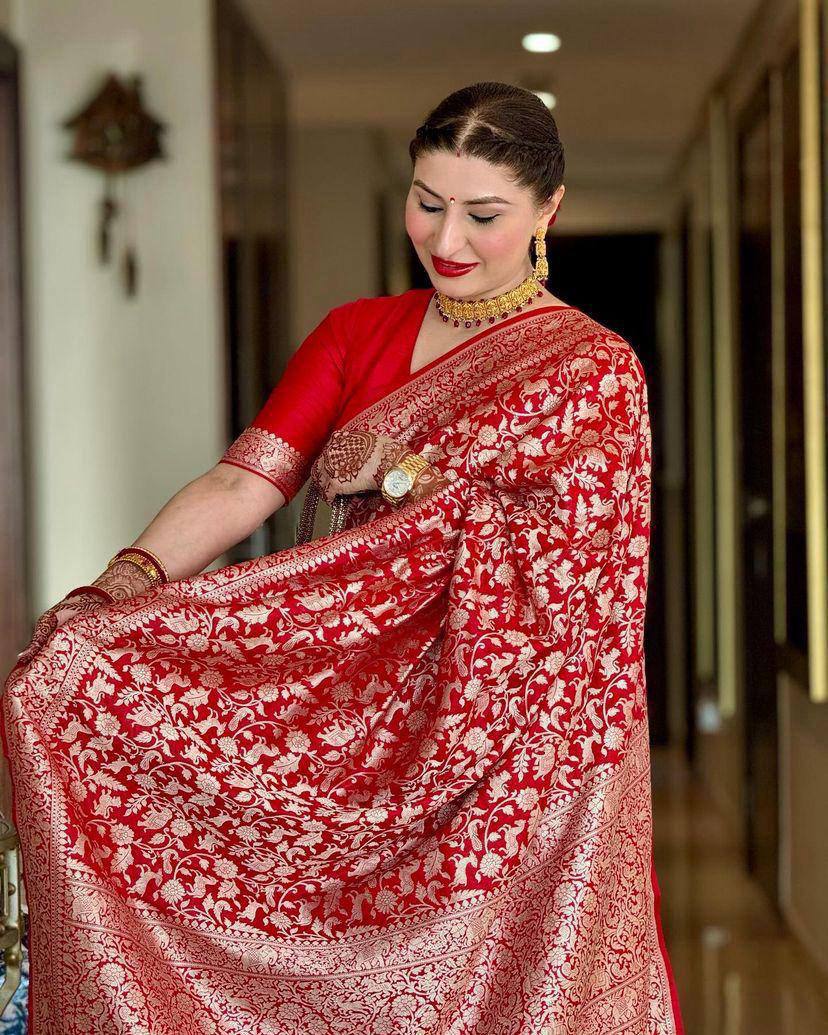Red Soft Lichi Silk Jacquard Weaving Designer Saree