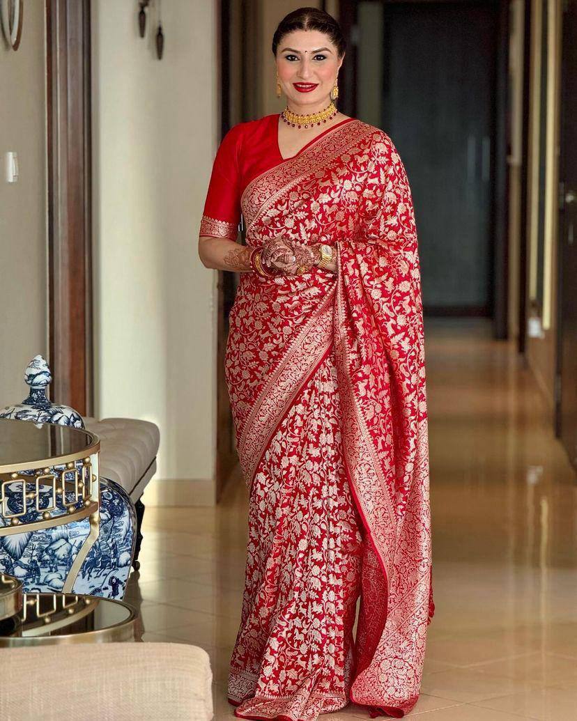 Red Soft Lichi Silk Jacquard Weaving Designer Saree