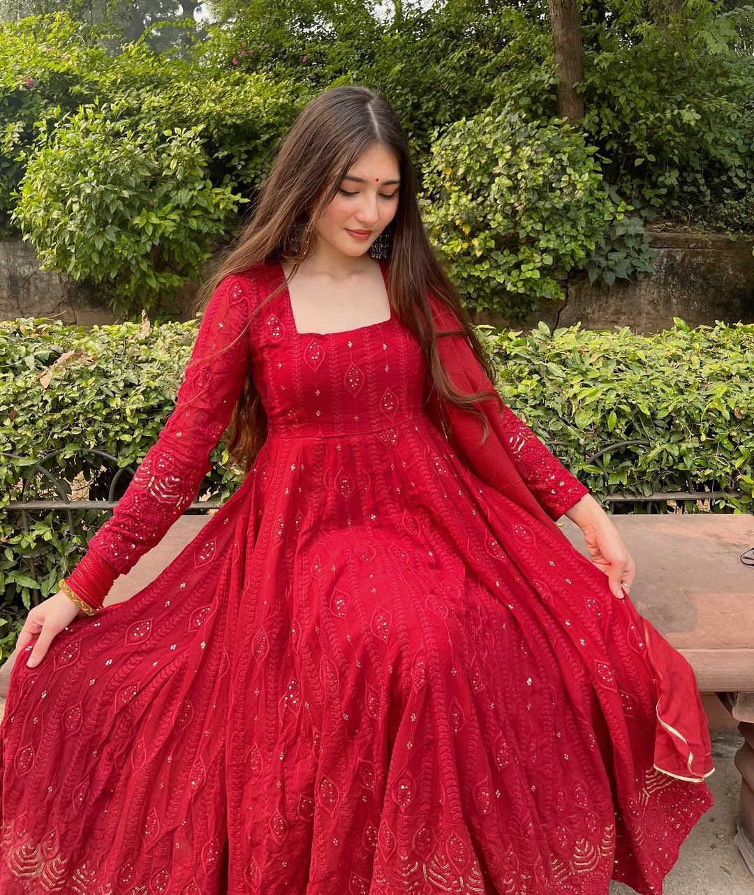 Red Color Georgette Anarkali Stitched Salwar Suit