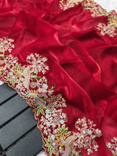 Load image into Gallery viewer, Red Jimmy Chhu Fabric Fancy Cut Work Border Saree
