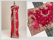 Load image into Gallery viewer, Red Jimmy Chhu Fabric Fancy Cut Work Border Saree
