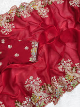 Load image into Gallery viewer, Red Jimmy Chhu Fabric Fancy Cut Work Border Saree
