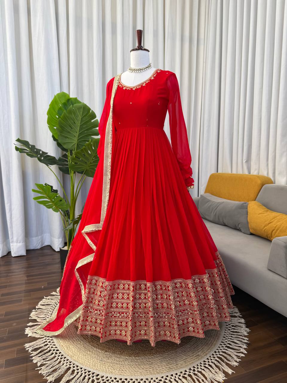 Red Long Anarkali Gown with Dupatta – Wedding & Festive Wear