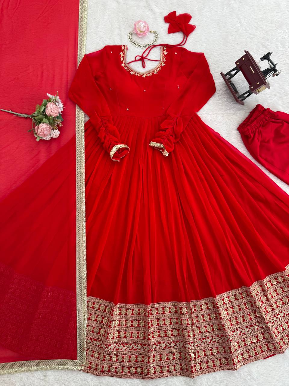 Red Long Anarkali Gown with Dupatta – Wedding & Festive Wear