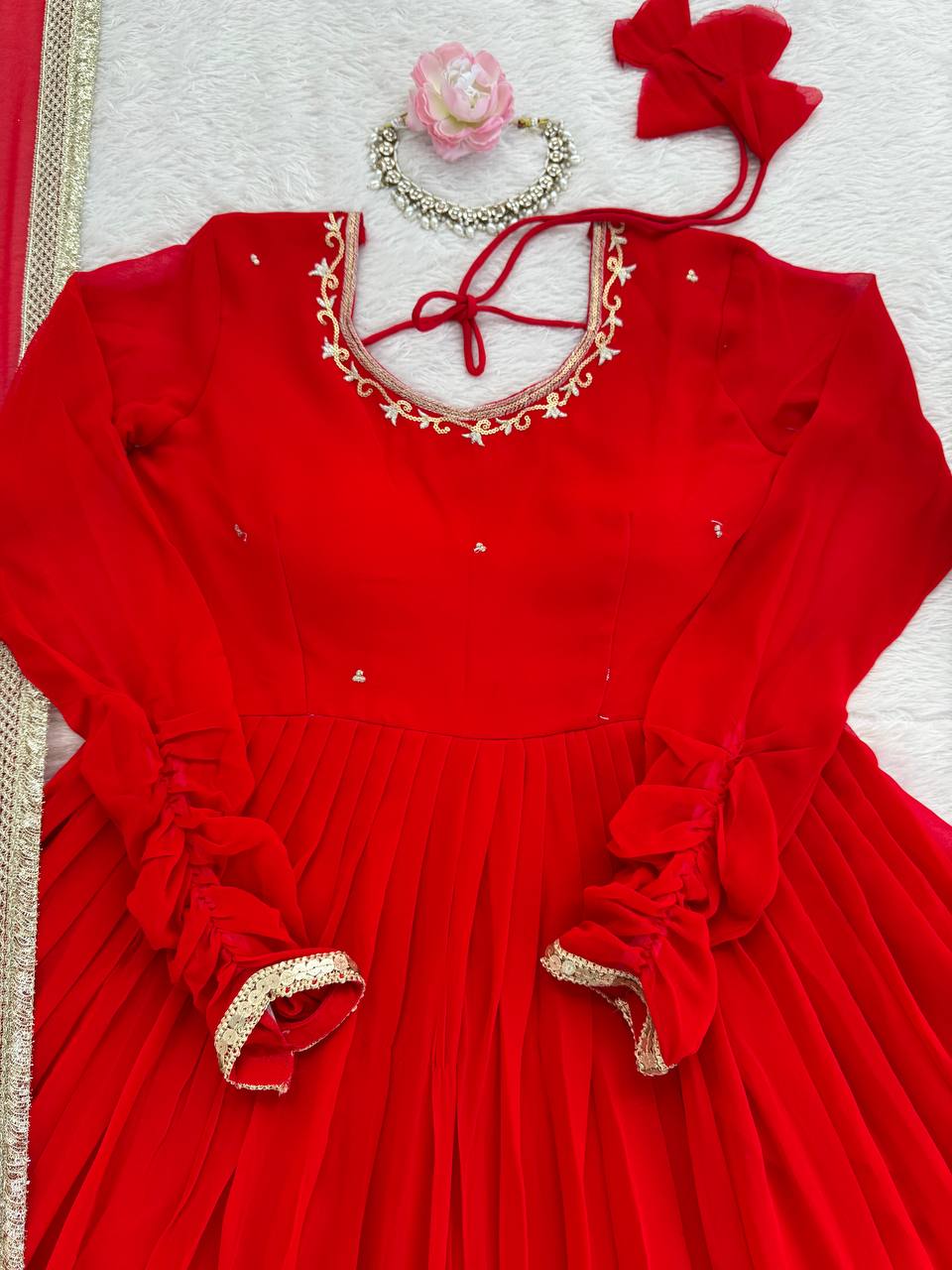 Red Long Anarkali Gown with Dupatta – Wedding & Festive Wear