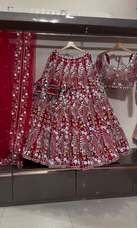 Party Wear Red Color Soft Net Embroidered Lehenga Choli