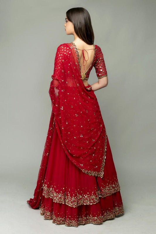 Red Georgette Ruffle Style Semi Stitched Lehenga Choli