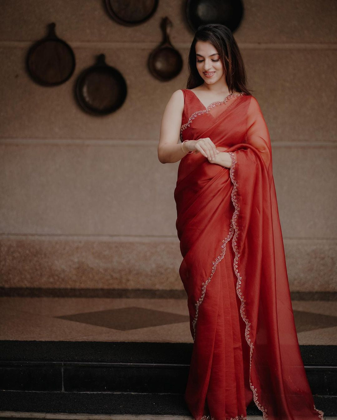 Red Organza Silk Embroidered Border Work Saree Blouse