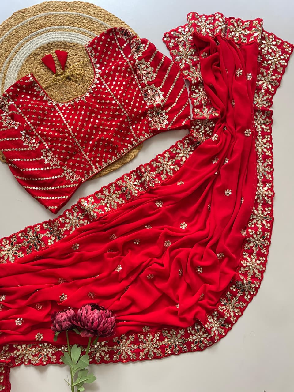 Red Color Real Mirror Work Georgette Saree with Stitched Blouse